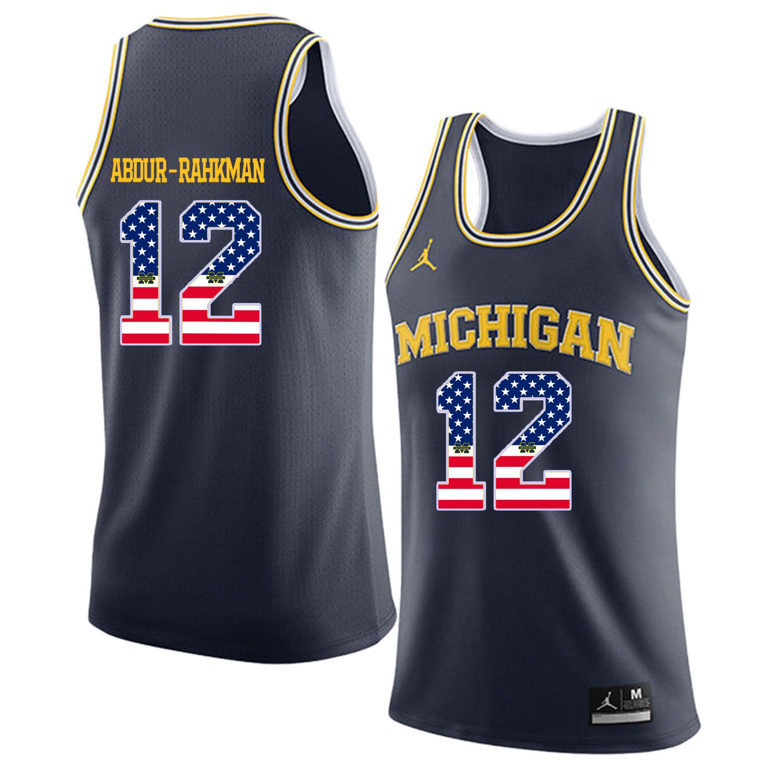 Men Jordan University of Michigan Basketball Navy #12 Abdur-Rahkman Flag Customized NCAA Jerseys->customized ncaa jersey->Custom Jersey